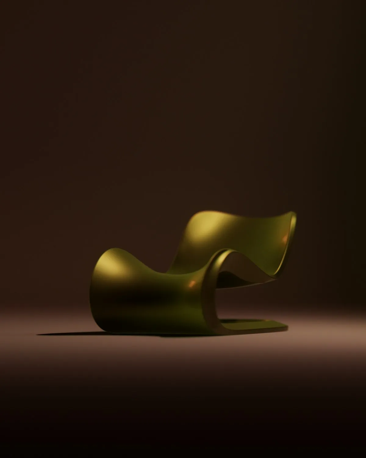 Glossy olive-green lounge chair formed from one continuously folded ribbon of material that curls to create the seat, backrest, and base, on a dark warm-toned background.
