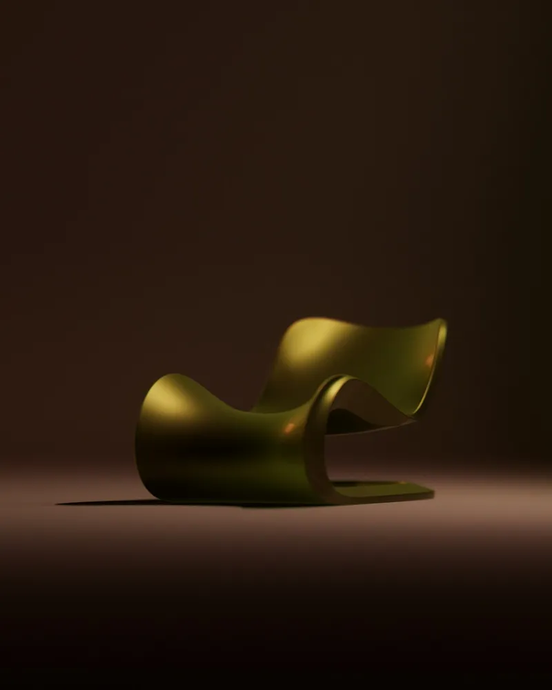 Glossy olive-green lounge chair formed from one continuously folded ribbon of material that curls to create the seat, backrest, and base, on a dark warm-toned background.