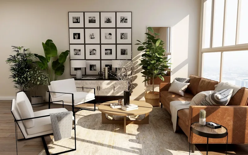 Sunlit living room with a tan leather sofa, white bouclé armchairs, a round wood coffee table, and a gallery wall