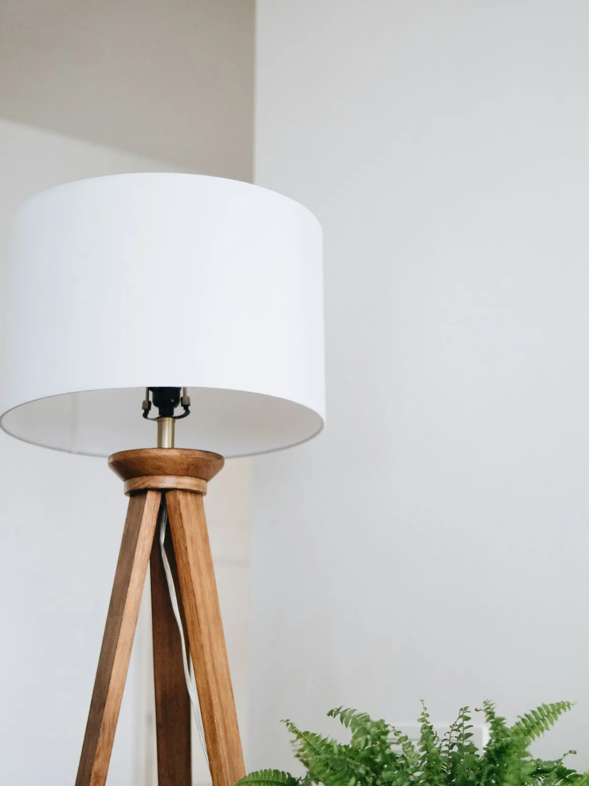 A tripod floor lamp with three angled wooden legs and a white cylindrical drum shade, next to a fern.