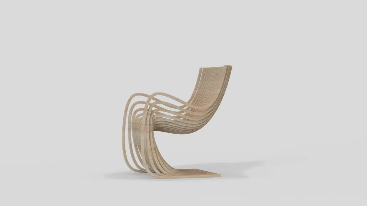 Bent laminated wood strip chair built from many thin curved layers that loop from a flat base up into a cantilevered seat and backrest, on a plain grey background.